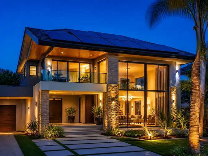 Residência moderna com painéis solares instalados no telhado ao entardecer